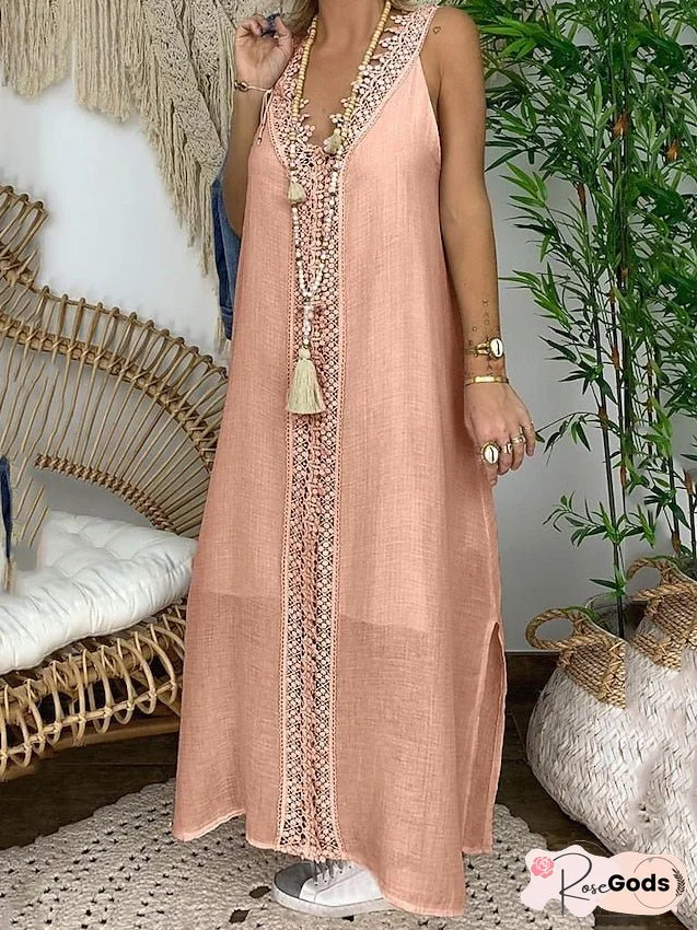 Casual Dress Cotton Linen Dress Maxi long Dress Polyester Lace Fashion Daily Weekend V Neck Lace Split Sleeveless Summer Loose Fit Lake blue Black White Plain S M L XL 2XL for Women