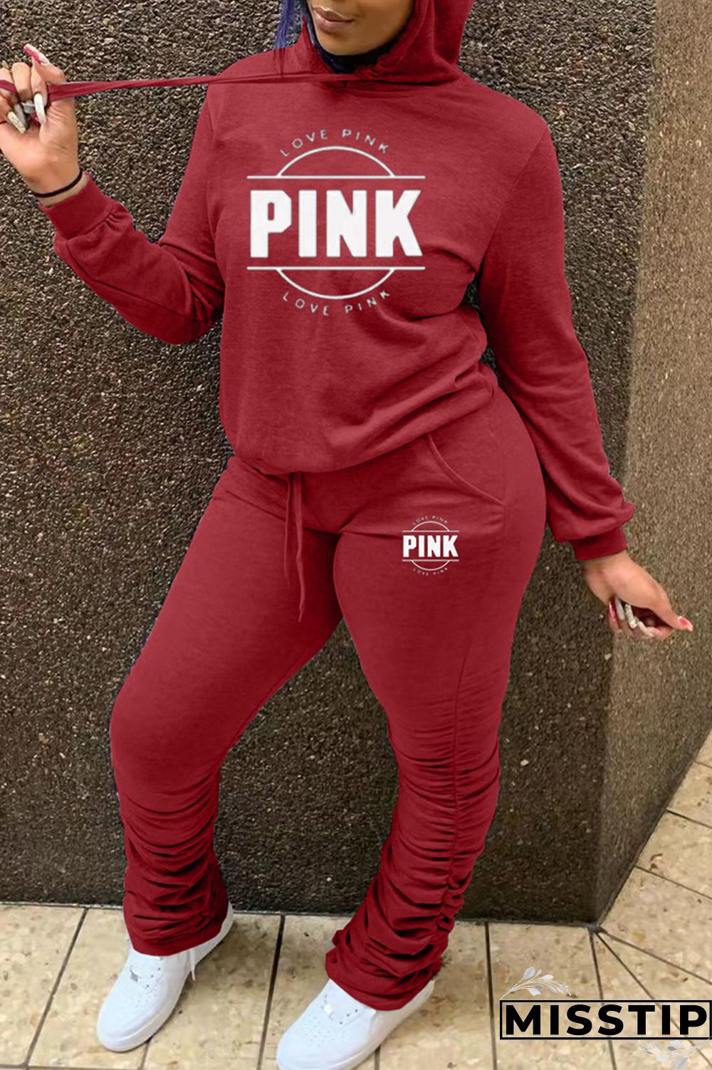 Red Fashion Casual Letter Print Fold Hooded Collar Long Sleeve Two Pieces