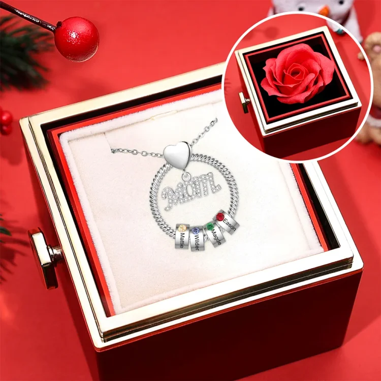 4 Names - Personalized Mom Circle Necklace Gift Set Custom Birthstones Pendant Necklace Mother's Day Gifts