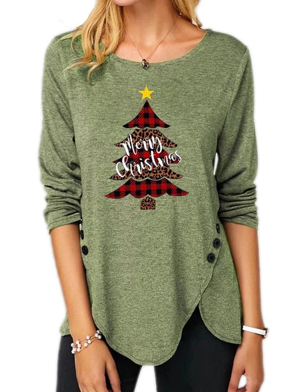 Casual Christmas Long Sleeve Round Neck Printed T-Shirt