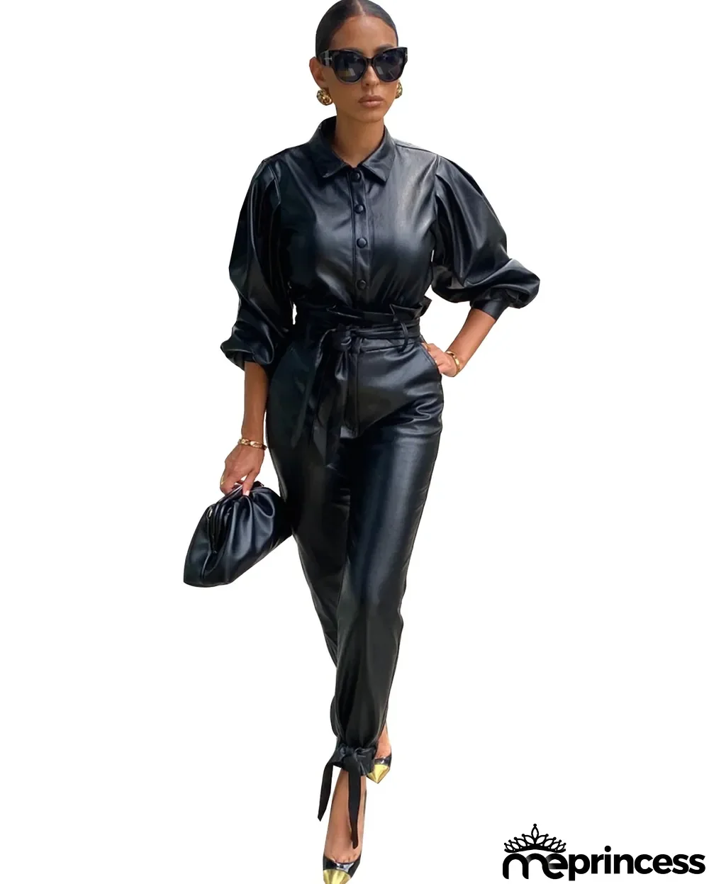 Winter Black Leather Formal Blouse and Pants Set