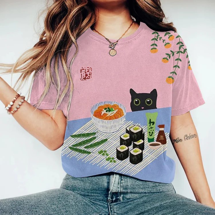 Abstract Creative Cute Cat Love Sushi And Salmon Ramen Painting Art T-Shirt