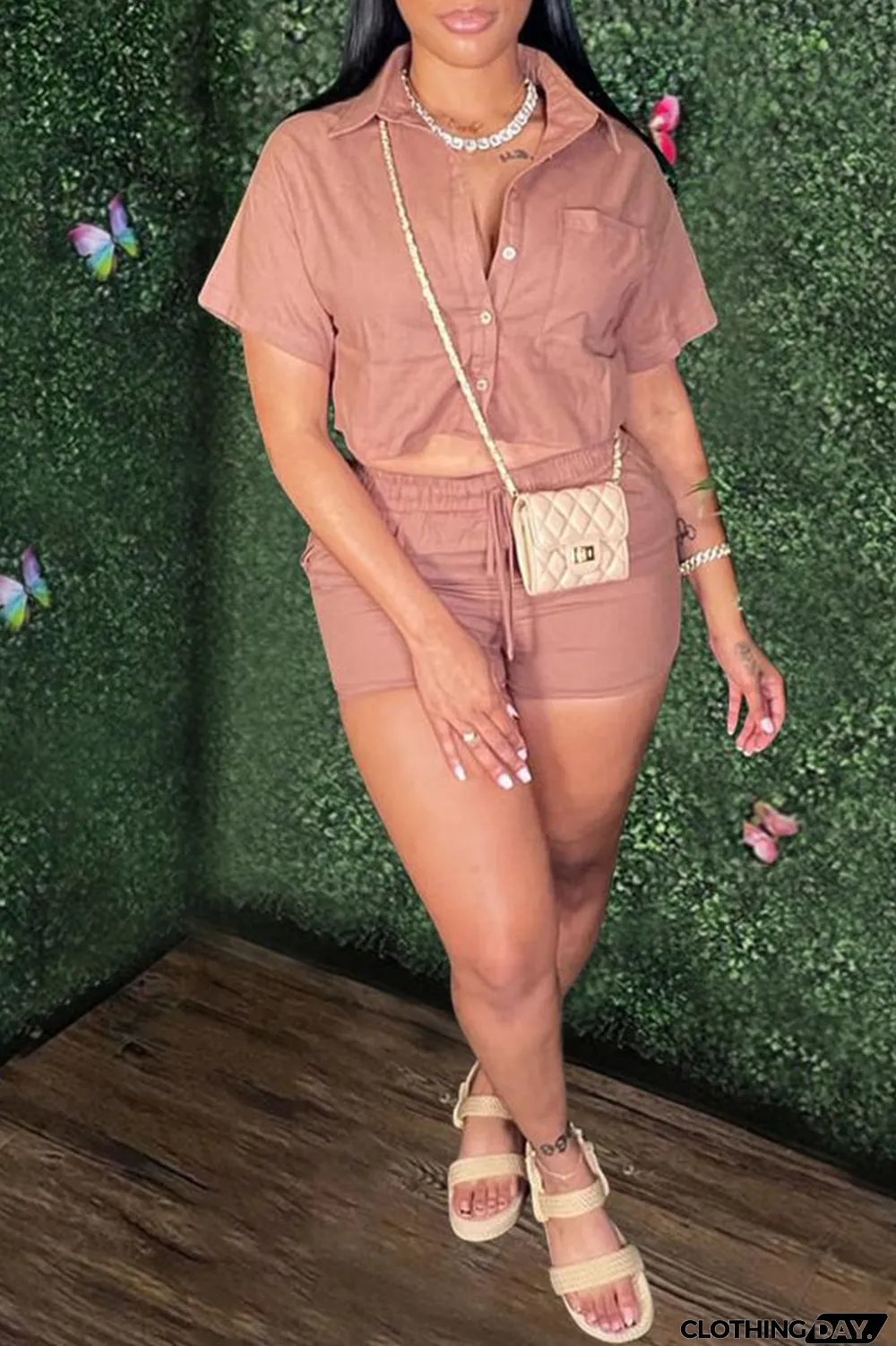 Orange Casual Solid Patchwork Buckle Turndown Collar Short Sleeve Two Pieces