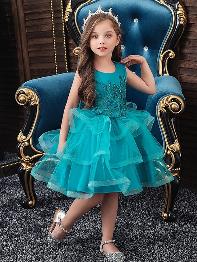 Oknass Ball Gown Sleeveless Jewel Neck  Flower Girl Dresses  Tulle With Bow Appliques Cascading Ruffles