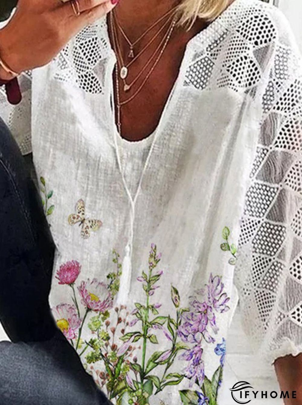 Floral-Print Casual V Neck 3/4 Sleeve T-shirt | IFYHOME