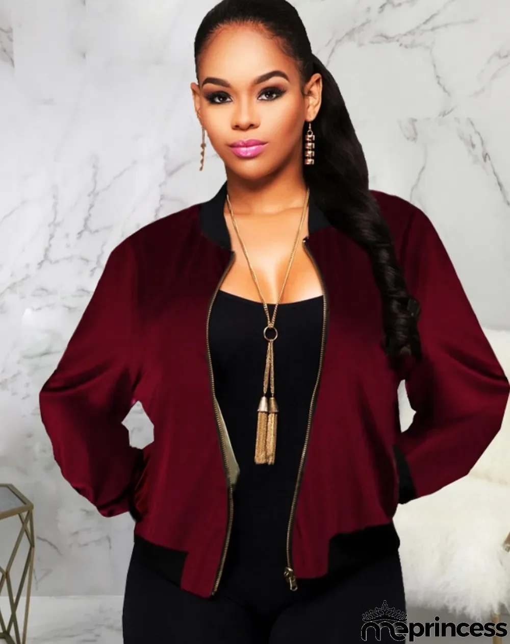 Winter Burgunry Pocketed Zipper Baseball Jacket
