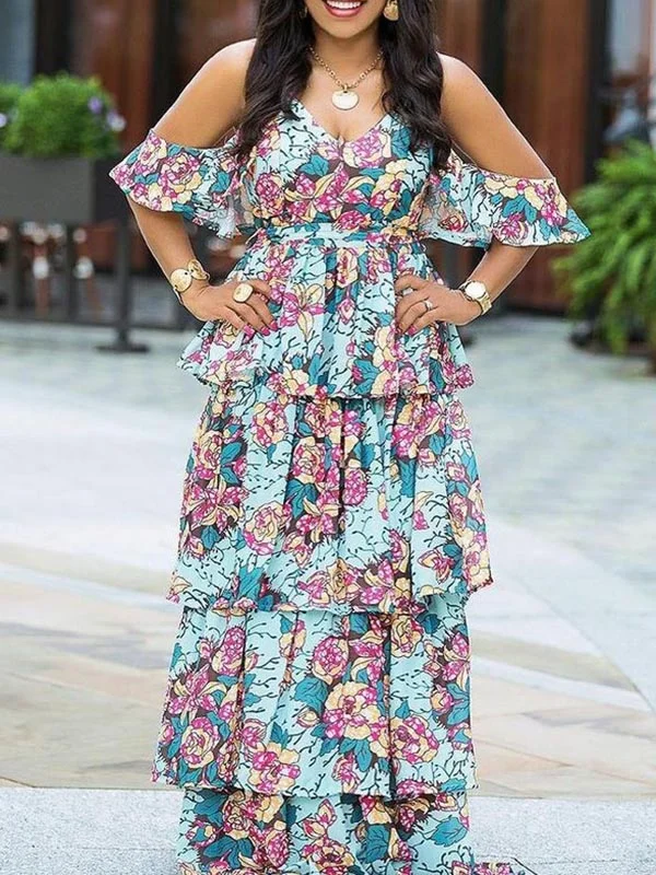 Fashion V-Neck Floral Printed Hollow Falbala Short Sleeve Loose Maxi Dress