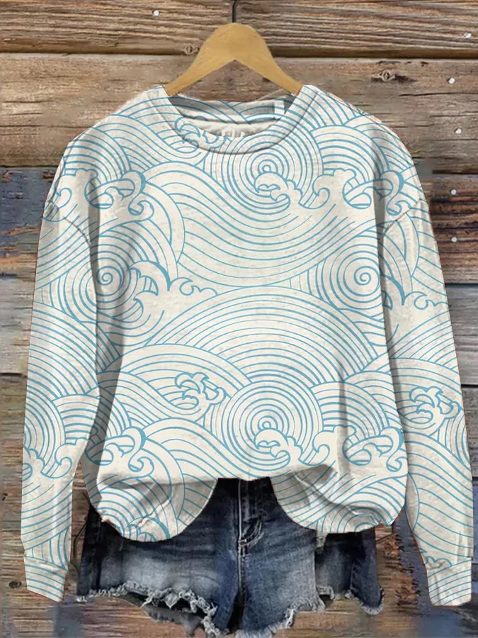 Women's Japanese Art Wave Pattern All Over Print Retro Cozy Sweatshirt