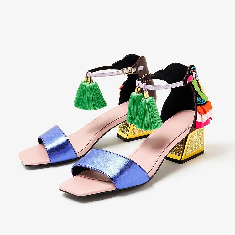 Vibrant Multi Color Bird Trim Ankle Strap Heeled Sandals with Tassels |FSJ Shoes