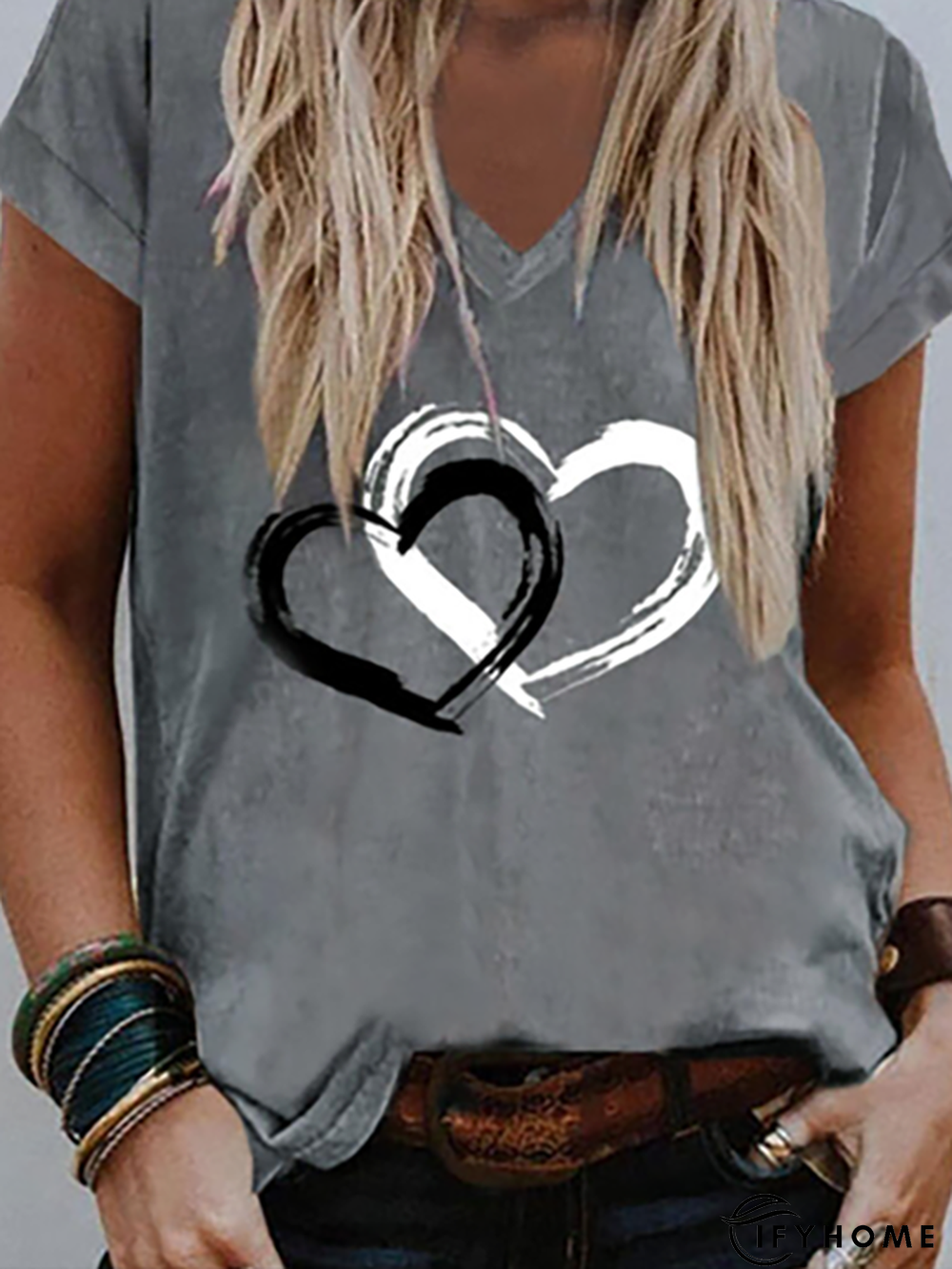 V neck Casual Heart/Cordate Short sleeve T-Shirt | IFYHOME