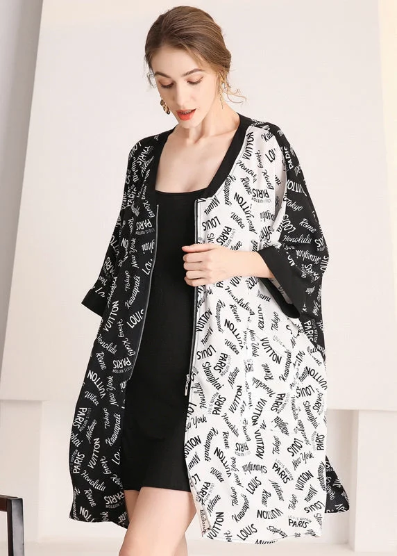 Chic Colorblock Zip Up Oversized Letter Print Chiffon Cardigans Summer