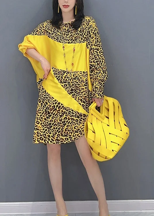 Yellow Leopard Patchwork Long Dresses Long Sleeve