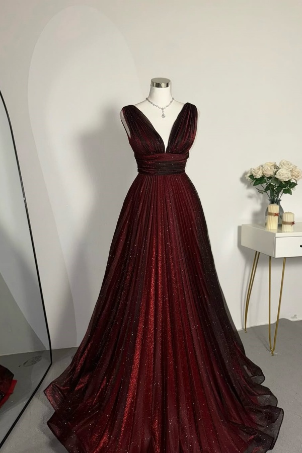 Shinning V-Neck Red Black Glittery Evening Dress | ZT0392