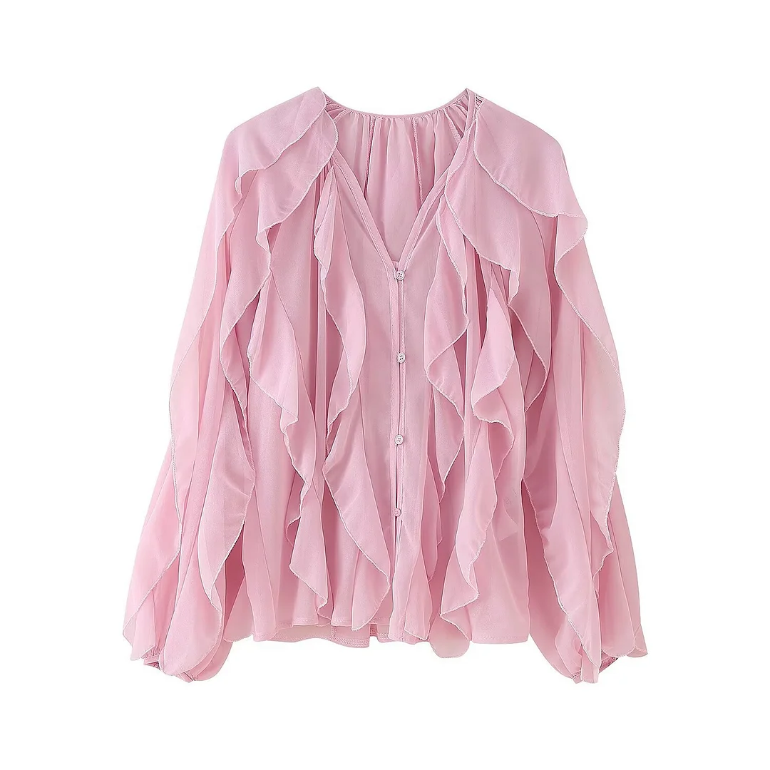 Nigikala Nigikala Women's V-Neck Folding Trim Shirt Long-Sleeved Top Loose Woman