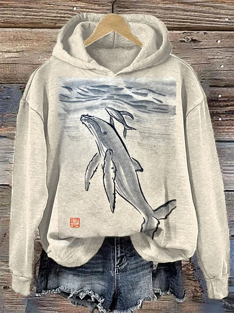 Japanese Art Ink Painting Whale Print Sweatshirt
