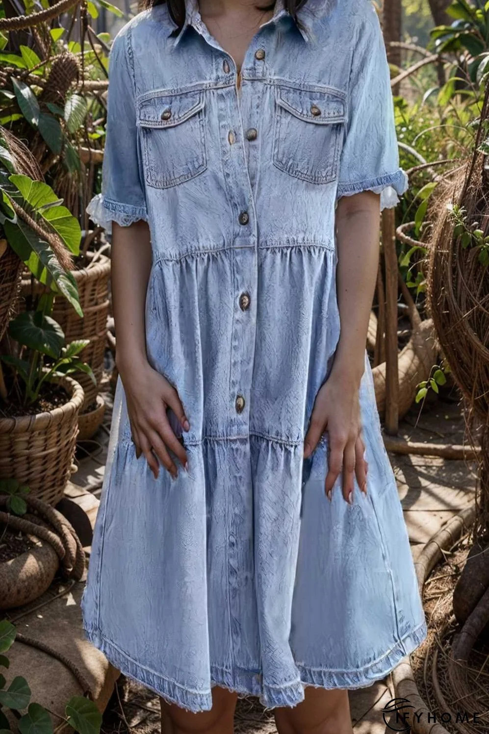 down loose short sleeve denim jean dress drop shoulder a line paneled peasant closed bateau v neck dress | IFYHOME