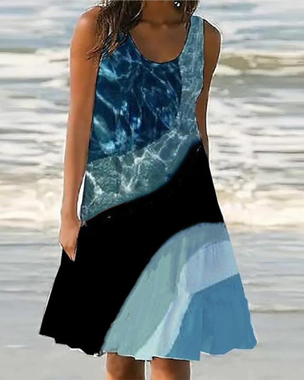 Printed Summer Crewneck Casual Patchwork Dress