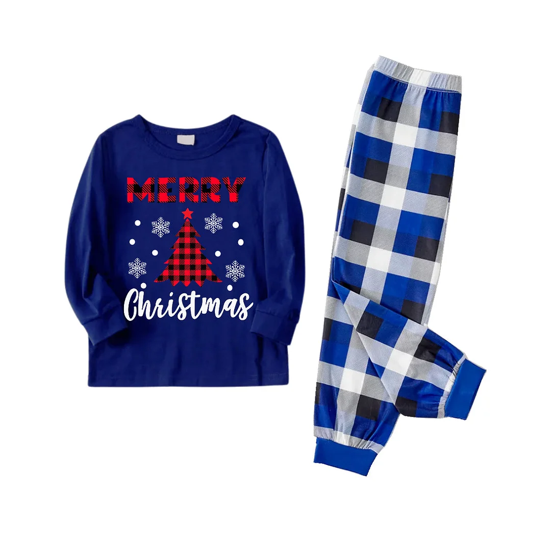 Plaid Christmas Tree Pattern Blue Long Sleeves with Blue&White&Black Plaid Pants Family Matching Pajamas