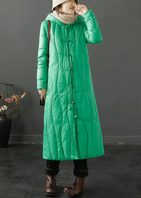 Vintage Green Hooded Tasseled Chinese Button Duck Down Coats Winter