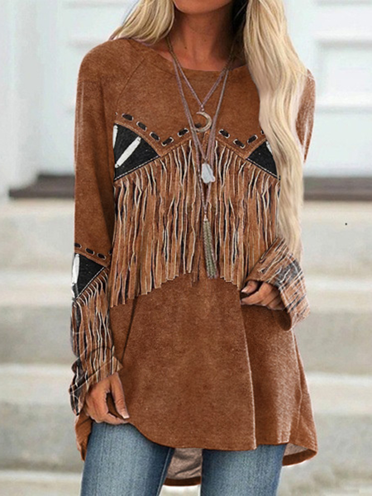 Comstylish Vintage Western Tassel Print Long Sleeve Tunic