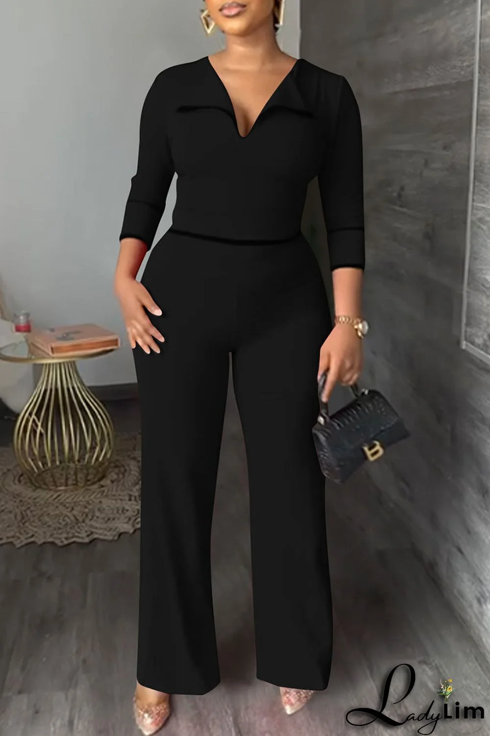 Black Fashion Casual Solid Patchwork Turndown Collar Regular Jumpsuits