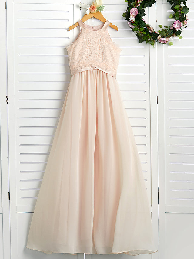 A-Line Crew Neck Floor Length Chiffon / Lace Junior Bridesmaid Dress With Lace / Sash / Ribbon