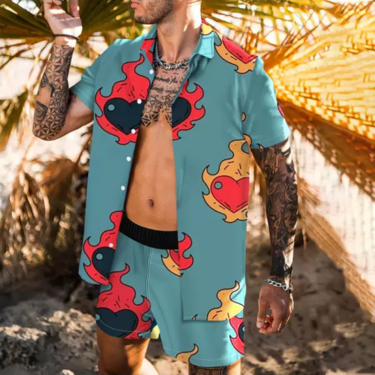 BrosWear Hawii Holiday Printed Suits Shirts And Shorts Beach Two Piece Set