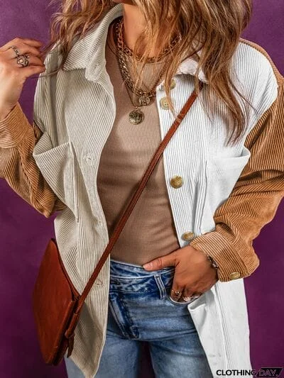 Color Block Ribbed Pocketed Button Up Jacket