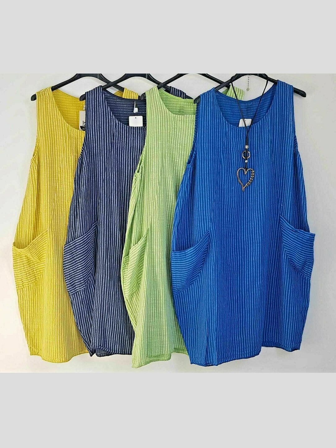 Ladies Stripe Design Summer Linen Cotton Long Pocket Top