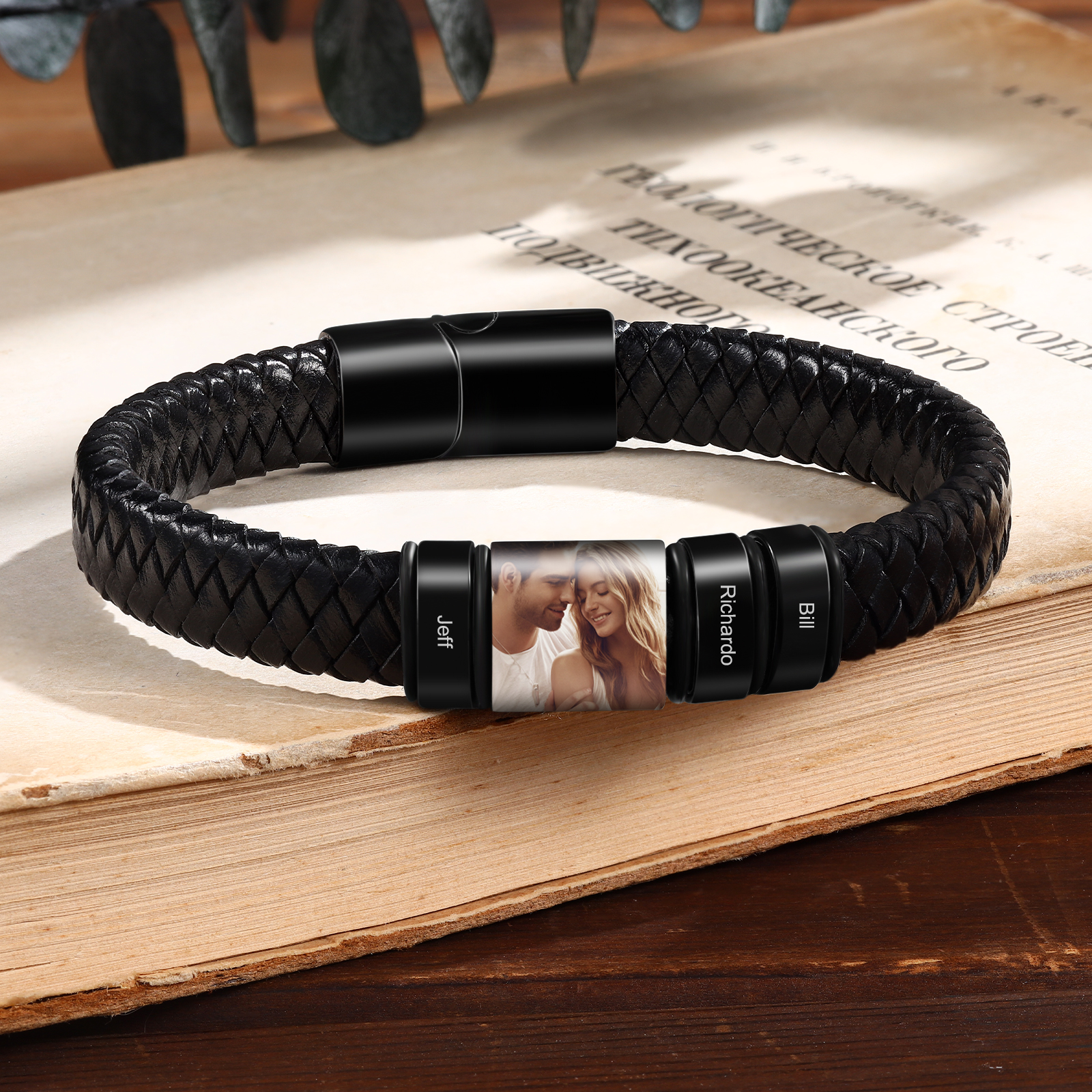 3 Names - Personalised Men's Leather Bracelet Custom Photo Braided Bracelet Gift for Him-Jessemade AU