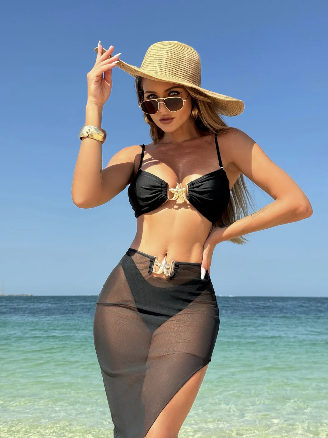 Uveng 2024 New Sexy Solid Three-Piece Mesh Dress Swimsuit Bikini