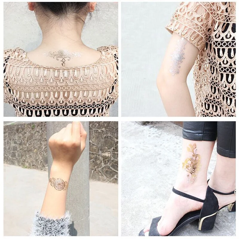 Sdrawing temporary tattoo sticker henna choker flower butterfly metal sexy women bride tribe flash metallic gold silver tattoo