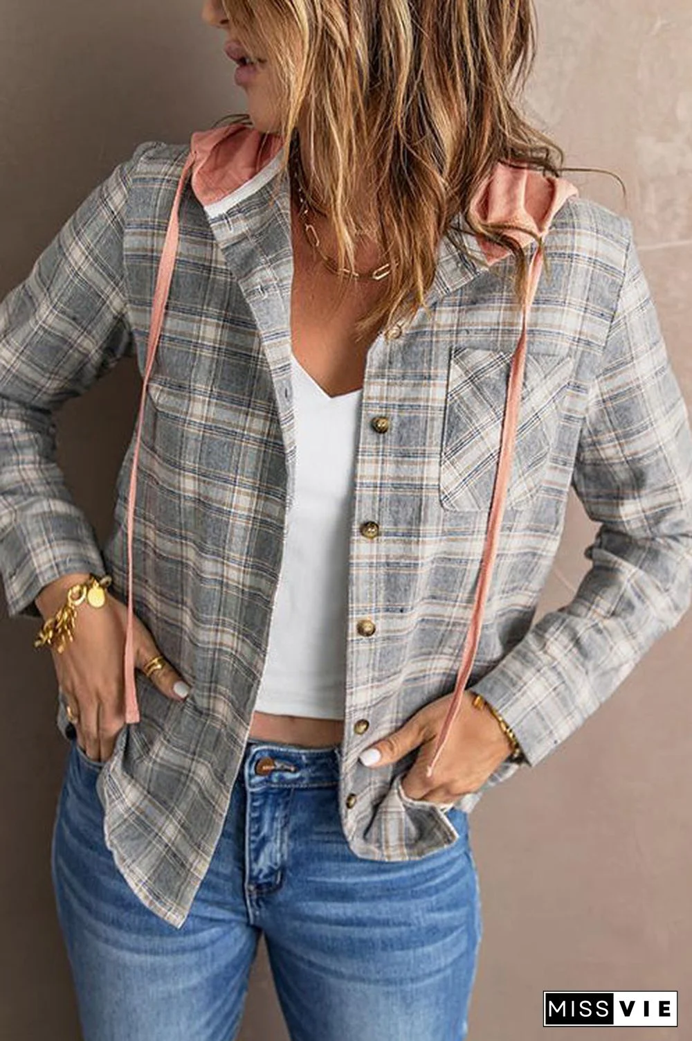 Flannel Plaid Button Down Hoodie Top