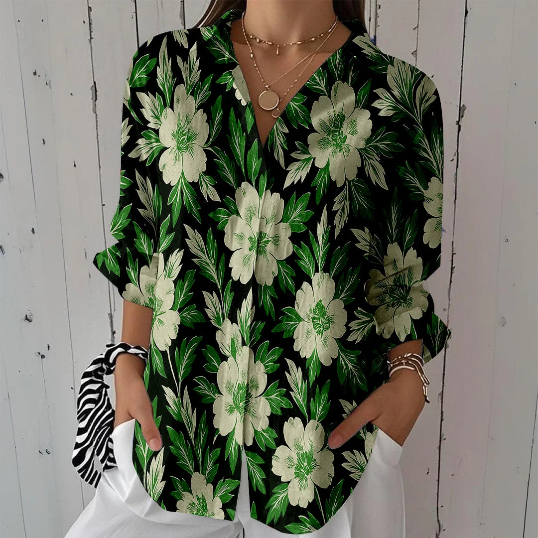 Style & Comfort for Mature Women Women Floral, Green DZCL0160 3/4 Sleeve Shirt Collar Printed Button Tops