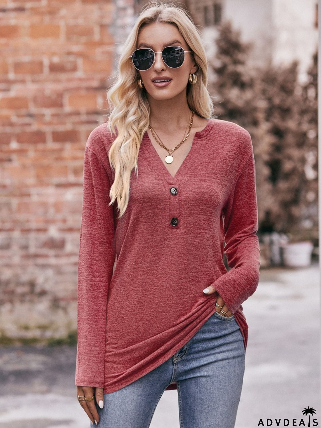 Buttoned Notched Neck Long Sleeve Top
