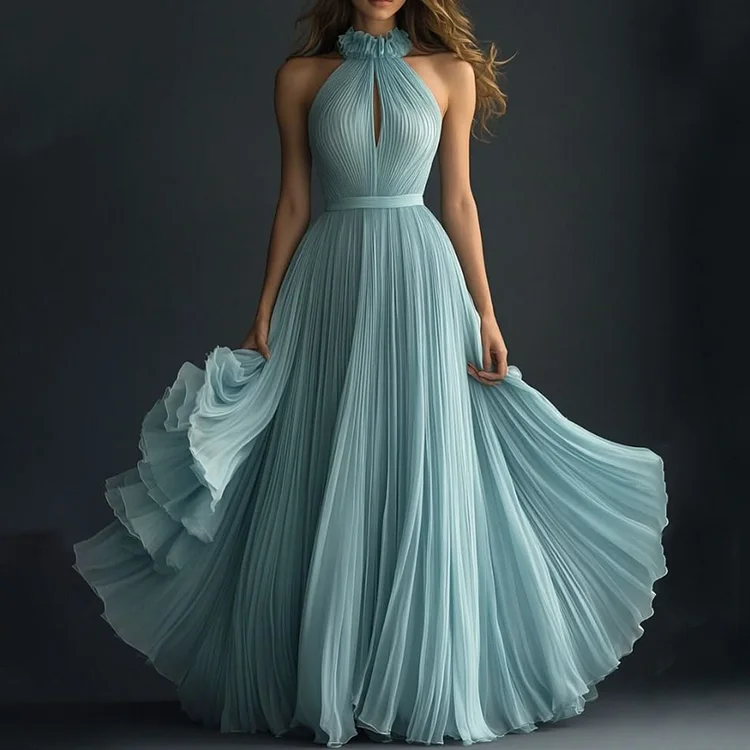 Ursime Cut Out Sleeveless Pleated Halter Maxi Dress