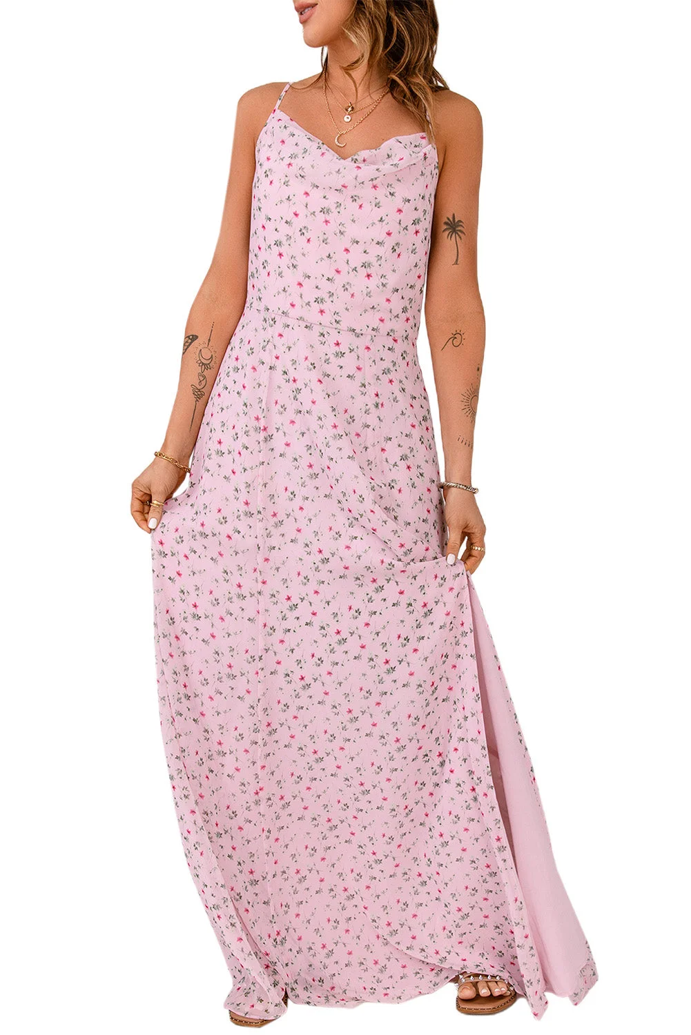 Women Pink Floral Print Side Slit Criss Cross Spaghetti Strap Maxi Dress