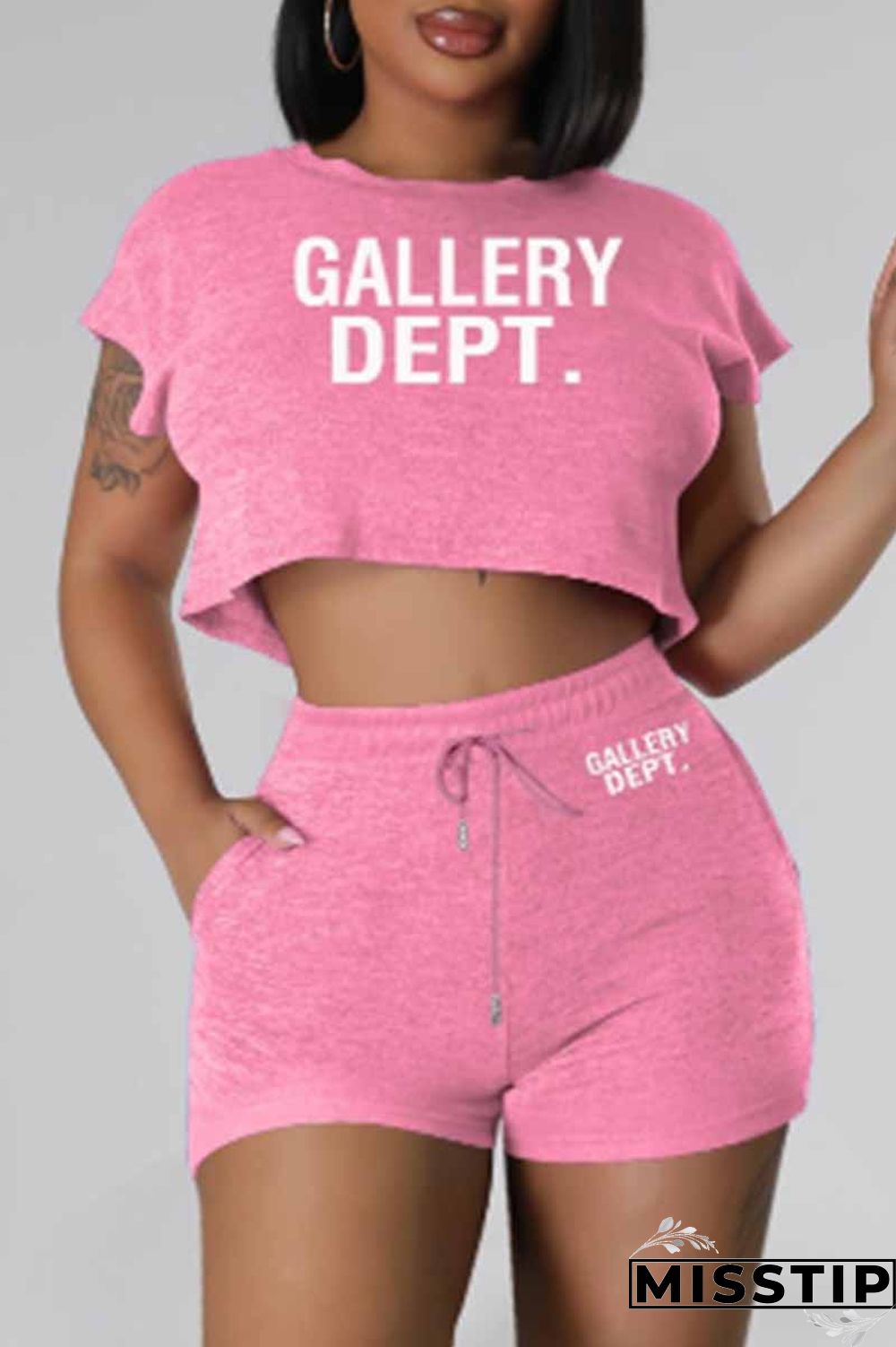 Pink Casual Print Letter O Neck Short Sleeve Two Pieces