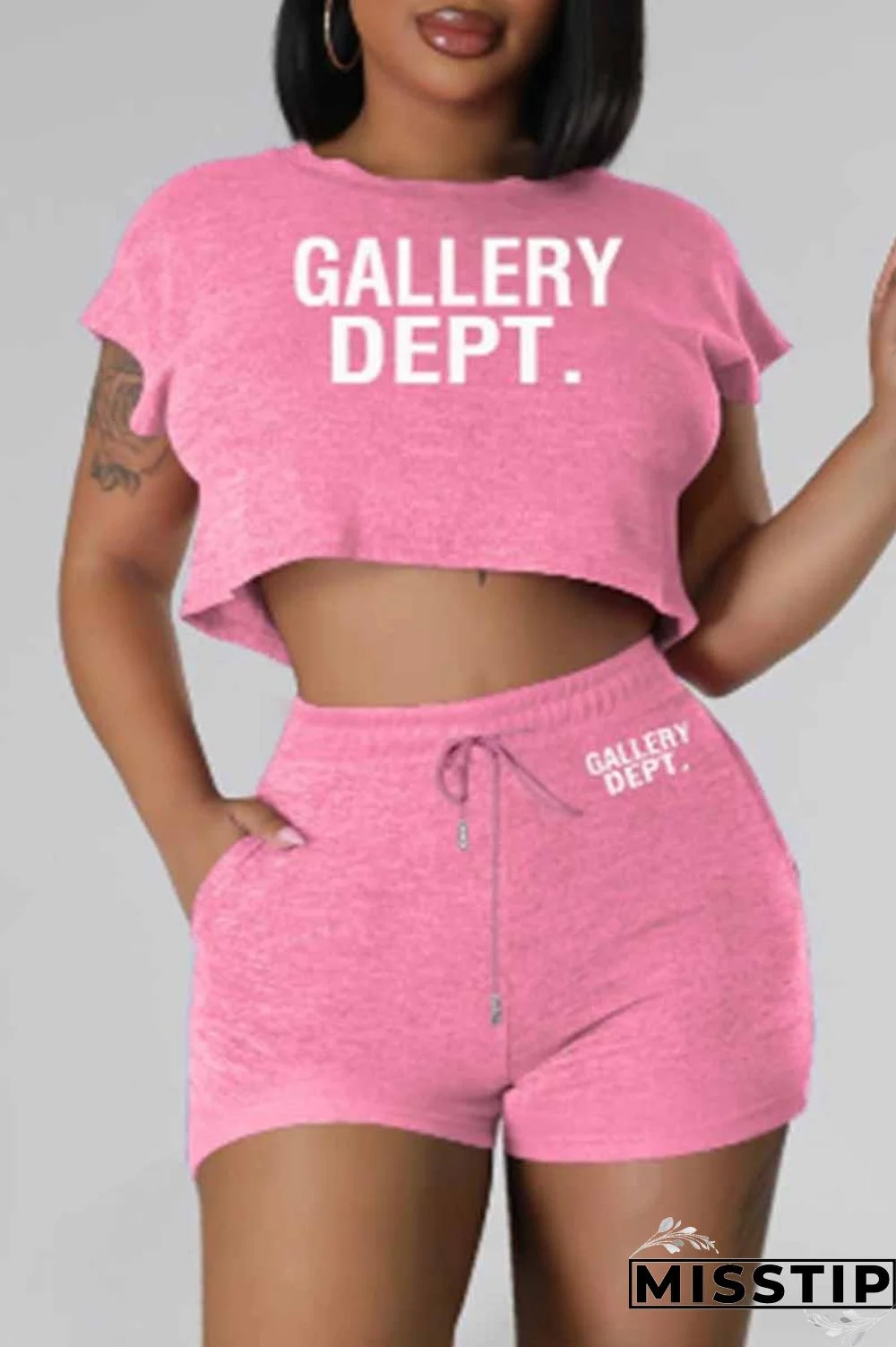 Pink Casual Print Letter O Neck Short Sleeve Two Pieces