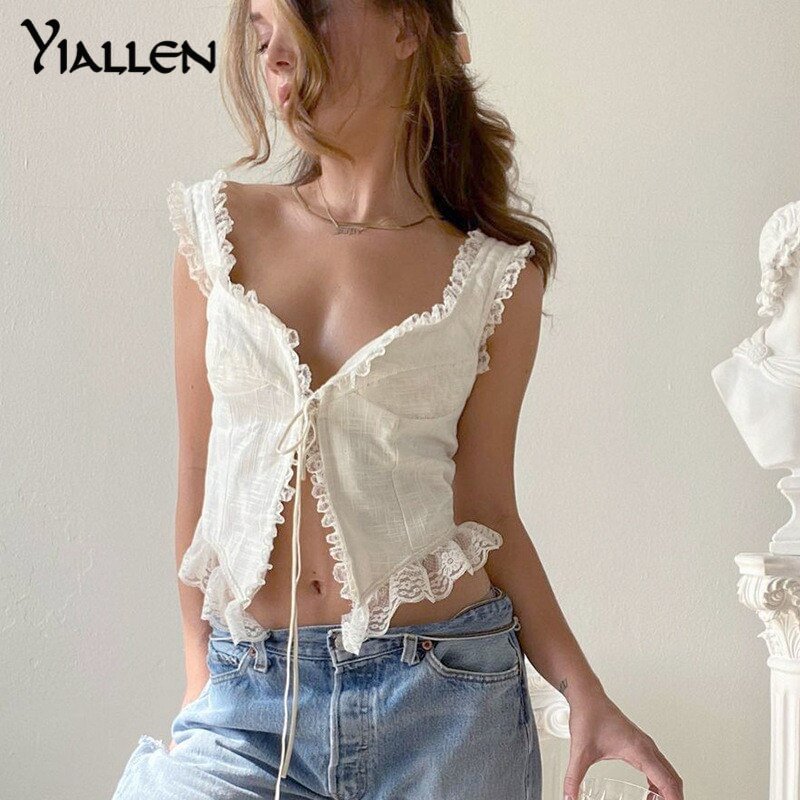 Yiallen Summer Fashion Lace Trim Cotton White Fairy Core Tops Clothes for Women Y2k Aesthetic Tie Up Shirts Tank Top Vest Hot