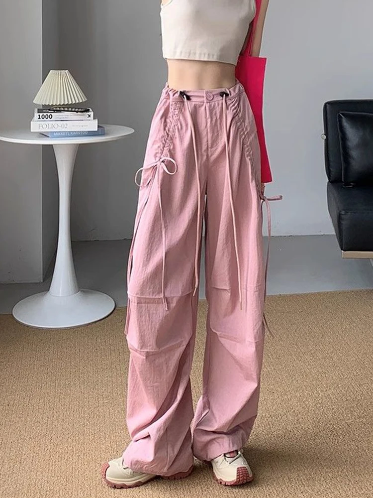 Kolocellius Pink Y2k Cargo Pants Women Streetwear Loose Vintage Wide Leg Trousers High Waist Casual Shirring Retro American Pants New