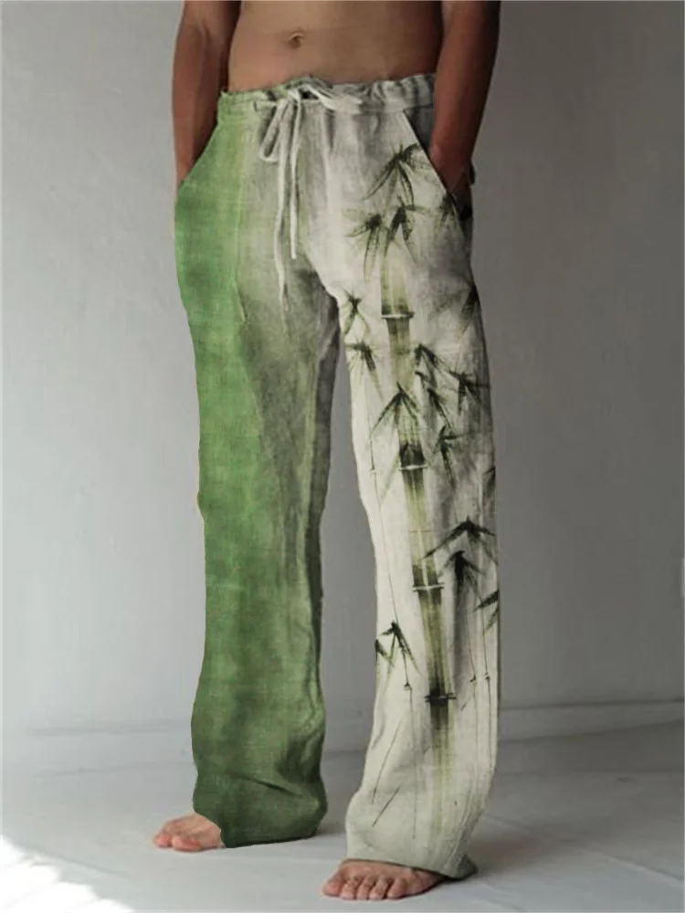 Bamboo Japanese Art Contrast Linen Blend Casual Pants