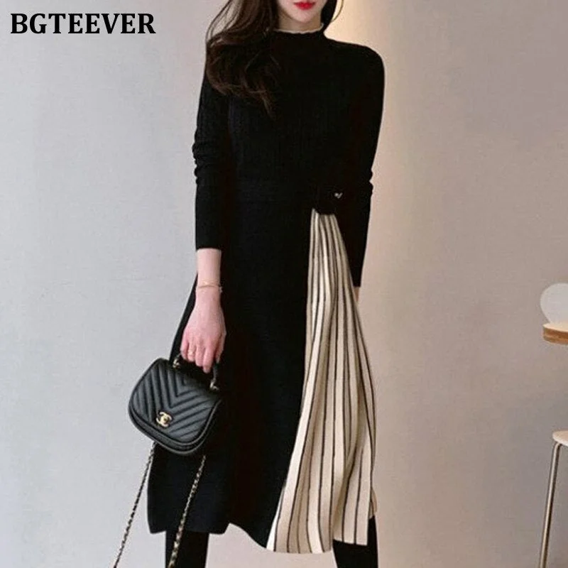 BGTEEVER Stylish Half Turtleneck Women Sweater Dress Long Sleeve Slim Belted Female Patchwork Pleated Dress Knitted Vestidos