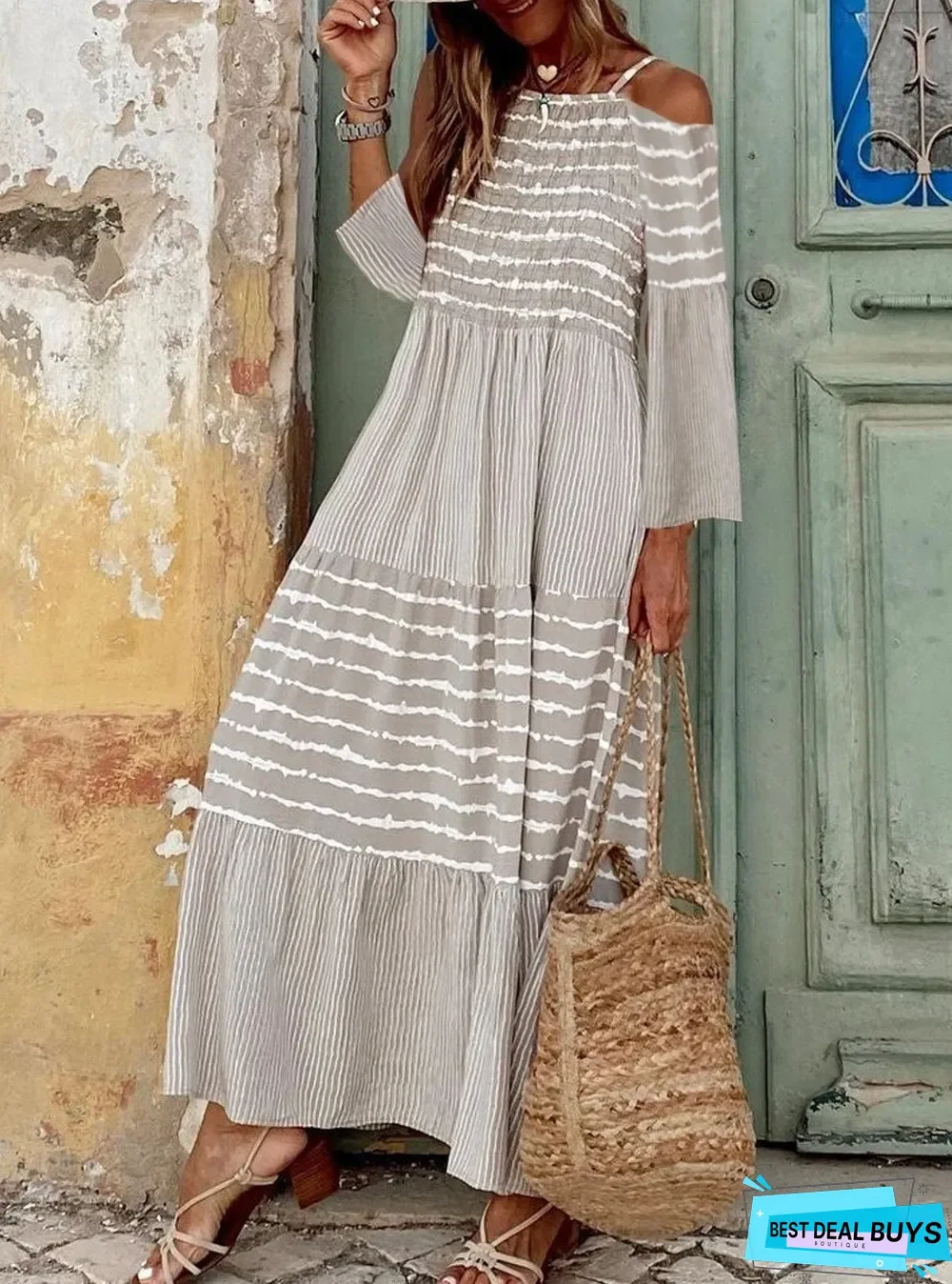 Fashion Stripe Print Off-Shoulder Maxi Dress Women
