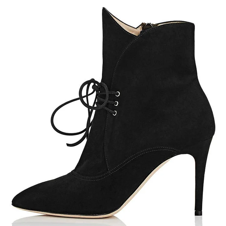 Black Lace-Up Pointy Toe Stiletto Ankle Boots Vdcoo