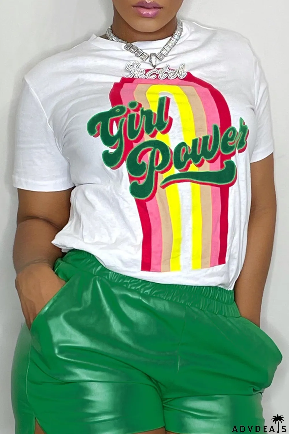 White Fashion Street Print Patchwork O Neck T-Shirts