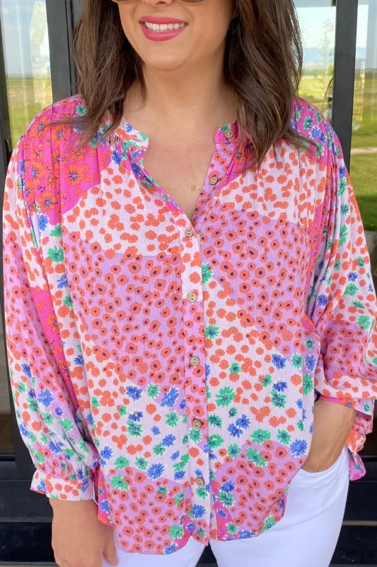 LILAC PINK PATCHWORK PRINT BUTTON DOWN TOP