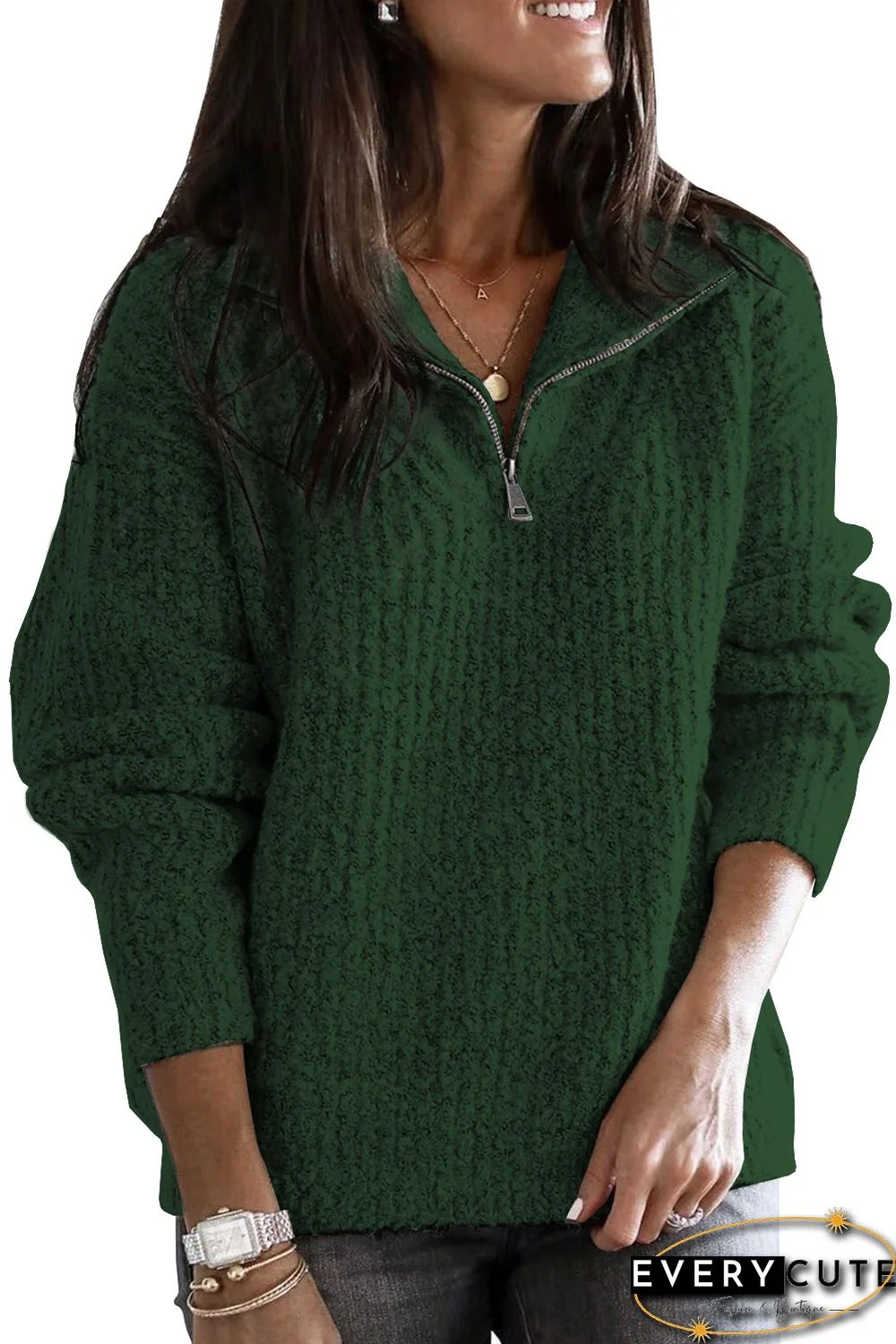 Green Zip Neck Knitted Sweater