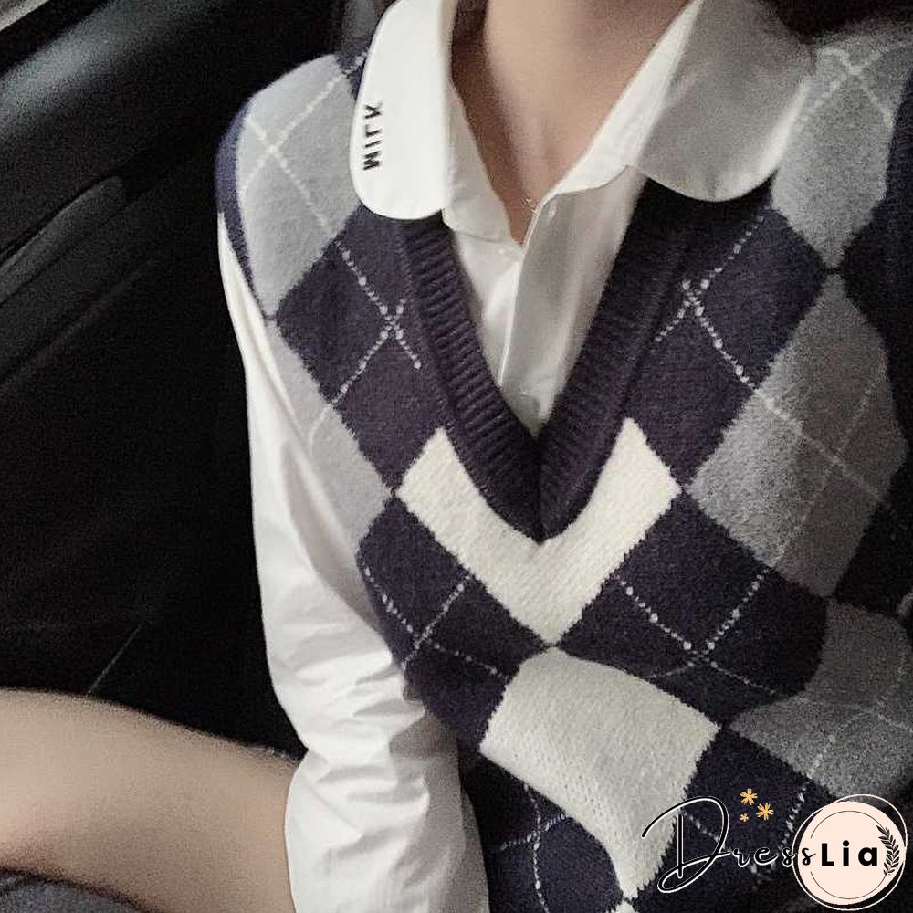 Checkered Cropped Knitted Tank Argyle Sleeveless Jumper