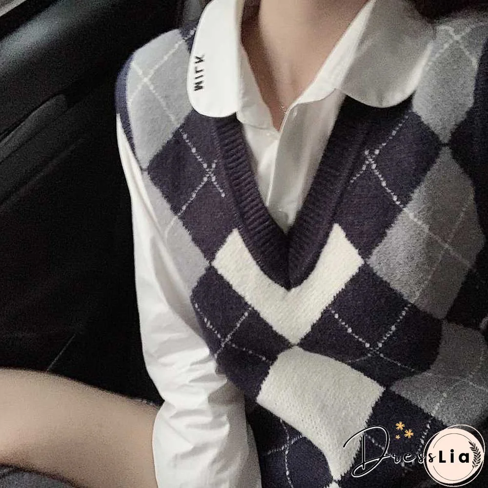 Checkered Cropped Knitted Tank Argyle Sleeveless Jumper